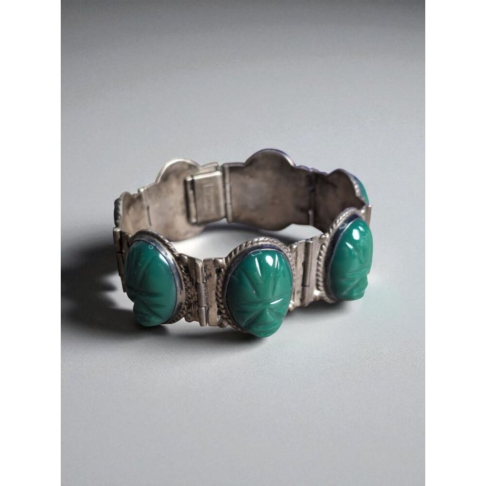Vintage Mexican Sterling Silver Panel Bracelet Green Onyx 7.25" 60g